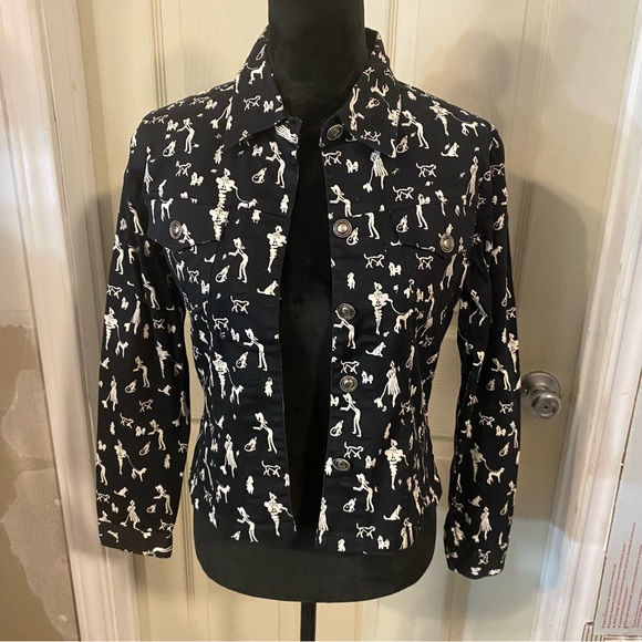 New Identity Crop Dog Print Jacket Button Down Black White print Denim Jacket Sm - Picture 1 of 9